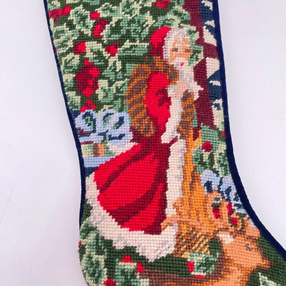 Vintage Needlepoint Christmas Stocking Santa Claus Reindeer Navy Velvet 19 inch